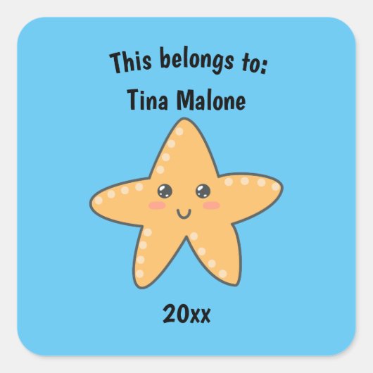 これは新学期かわいいヒトデの青 スクエアシール (正面)