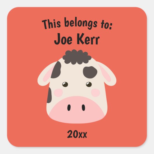これは新学期かわいい牛の赤 スクエアシール (正面)