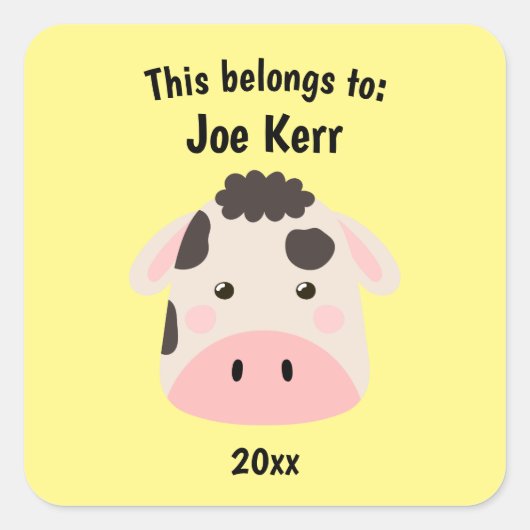 これは新学期かわいい牛の黄色に属する スクエアシール (正面)