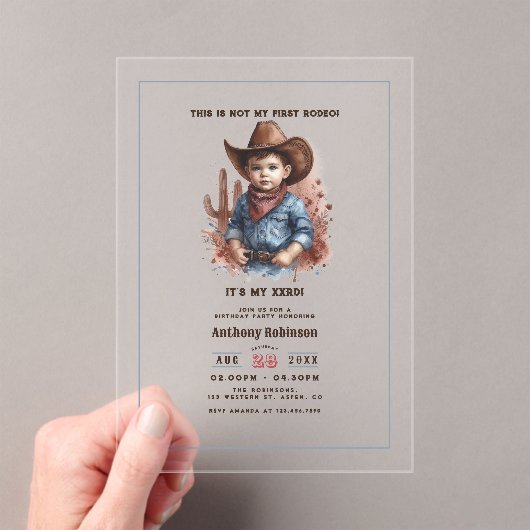 "これは私の最初のロデオではない"ウェスタン素朴カウボーイ アクリル招待状 (インサイチュ (ポータブル))