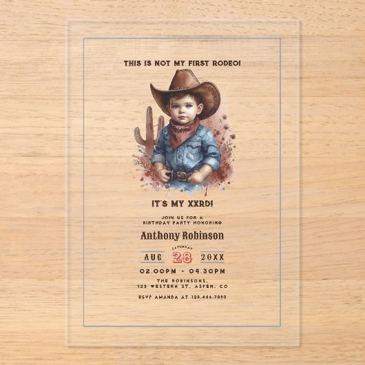 "これは私の最初のロデオではない"ウェスタン素朴カウボーイ アクリル招待状 (正面)