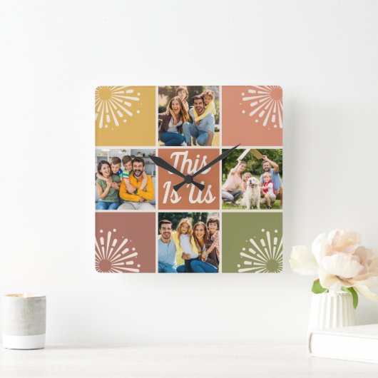 これは米国の中世紀の4フォトコラージュ家族 スクエア壁時計 (ホーム)
