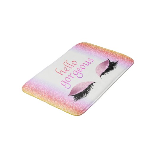 こんにちはガーリーな豪華な化粧のまつげのピンクのグリッター バスマット (アングル)