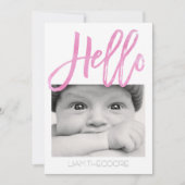 こんにちはピンクの水彩画の3写真|の誕生の発表 案内状 (正面)