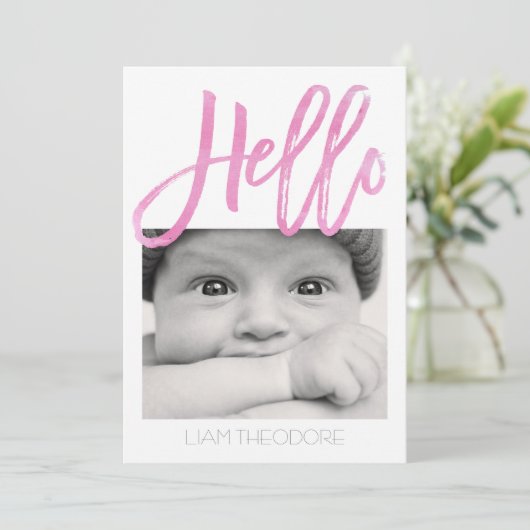 こんにちはピンクの水彩画の3写真|の誕生の発表 案内状 (スタンド正面)