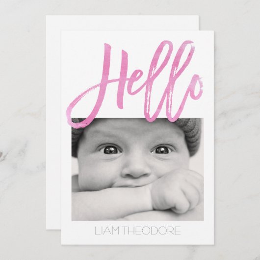 こんにちはピンクの水彩画の3写真|の誕生の発表 案内状 (正面/裏面)