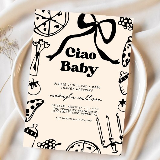 こんにちはベイビー イタリアンピザ 手描き ベイビーシャワー 招待状