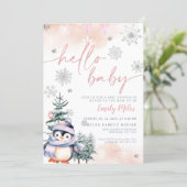 こんにちはベイビー、ウィンターペンギン ベイビーシャワー ピンク 招待状 (スタンド正面)