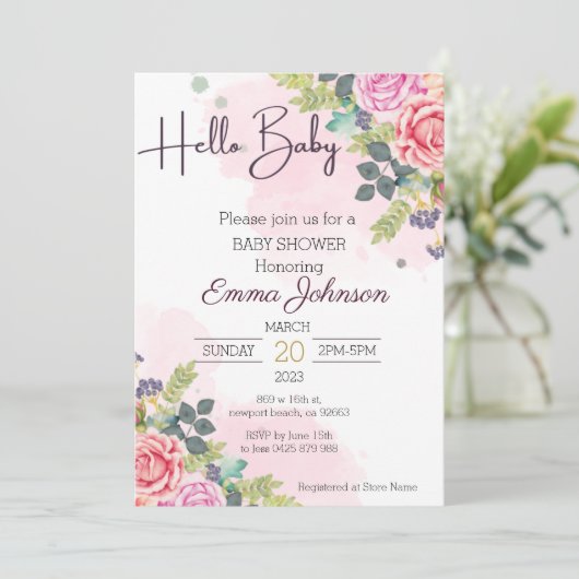 こんにちはベイビー 水彩フラワーベイビーシャワーのお知らせ 招待状 (スタンド正面)