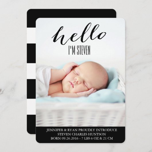 こんにちはベビーのモダンな誕生の発表のフォトカード 案内状 (正面/裏面)