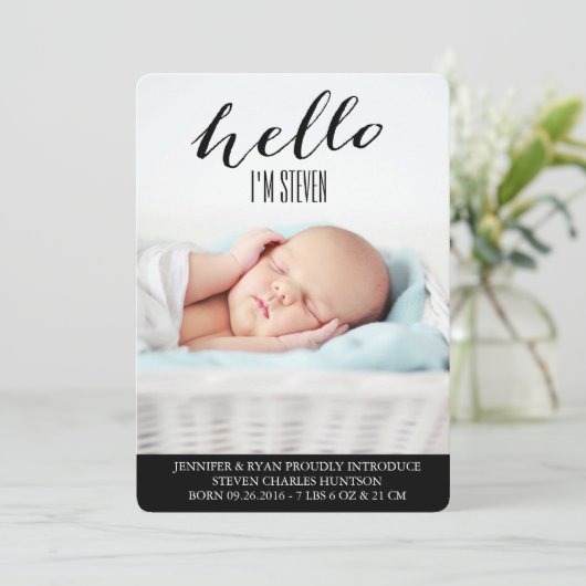 こんにちはベビーのモダンな誕生の発表のフォトカード 案内状 (スタンド正面)