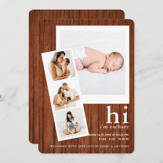 こんにちはベビー名フィルムストリップフォトコラージュ誕生 案内状 (正面/裏面)
