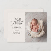 こんにちは世界の原稿の文字の写真の誕生の発表 案内ポストカード (正面/裏面)