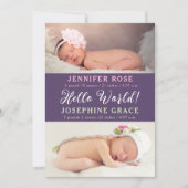 こんにちは世界！モダンな双子誕生のお知らせ 招待状 (正面)