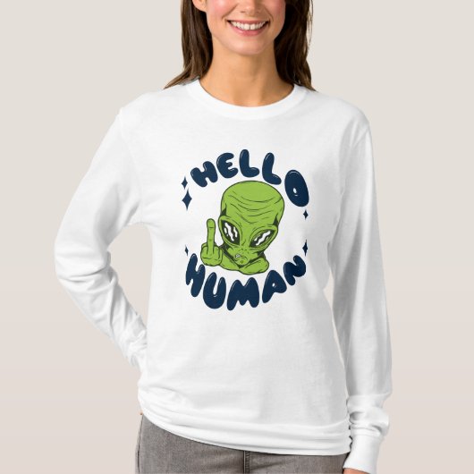 こんにちは人間 おもしろい エイリアン Tシャツ (正面)