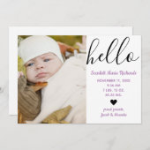 こんにちは原稿の写真の紫色-誕生の発表 案内状 (正面/裏面)