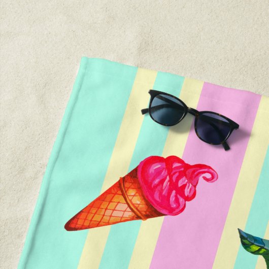 "こんにちは夏"の海およびストライプのな夏の水彩画 ビーチタオル (インサイチュ)
