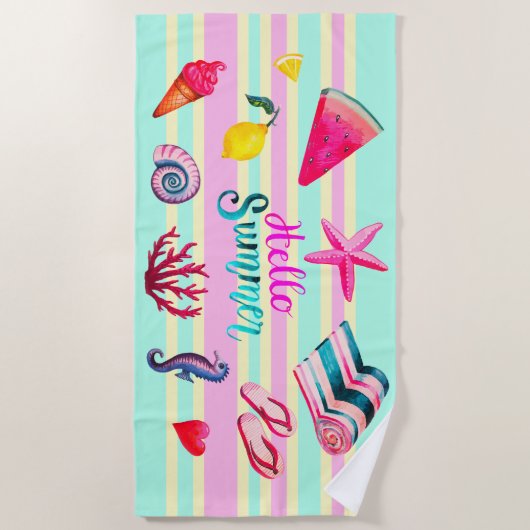 "こんにちは夏"の海およびストライプのな夏の水彩画 ビーチタオル (正面)