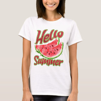 こんにちは夏 | ウオータカラースイカデザイン Tシャツ