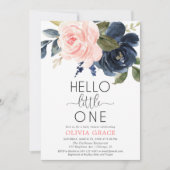 こんにちは小さなピンクのネイビーブルーの女の子の赤ちゃんシャワー 招待状 (正面)