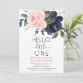 こんにちは小さなピンクのネイビーブルーの女の子の赤ちゃんシャワー 招待状 (スタンド正面)
