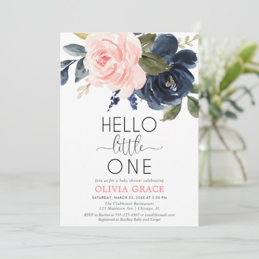 こんにちは小さなピンクのネイビーブルーの女の子の赤ちゃんシャワー 招待状 (スタンド正面)