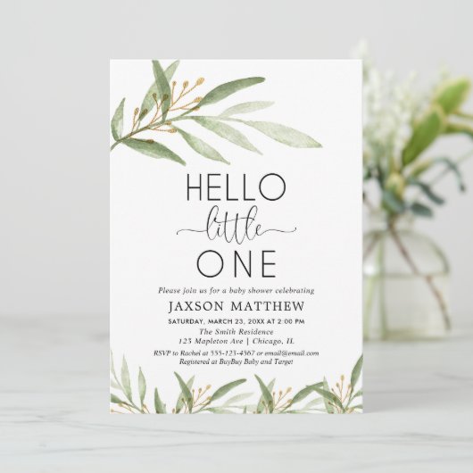 こんにちは小さな男女兼用赤ちゃんシャワー 招待状 (スタンド正面)