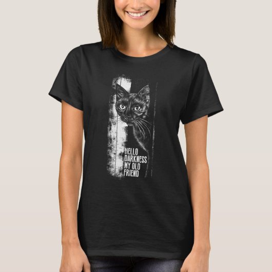 こんにちは暗闇私の古い友達 黒猫のスケッチ Tシャツ (正面)