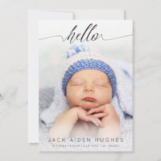 こんにちは男の赤ちゃんの女の子の誕生の発表の写真カード 案内状 (正面)