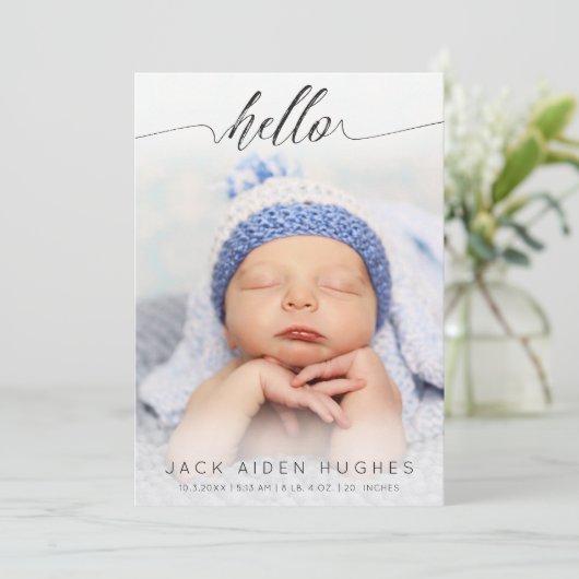 こんにちは男の赤ちゃんの女の子の誕生の発表の写真カード 案内状 (スタンド正面)