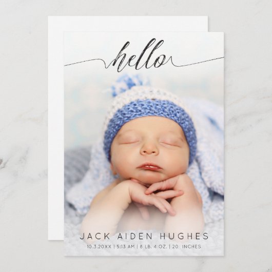 こんにちは男の赤ちゃんの女の子の誕生の発表の写真カード 案内状 (正面/裏面)