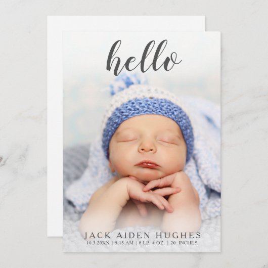 こんにちは男の赤ちゃんの女の子の誕生の発表の写真カード 案内状 (正面/裏面)