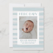 こんにちは男の赤ちゃん。青航海の色彩の鮮やかストライプ誕生 案内状 (正面)