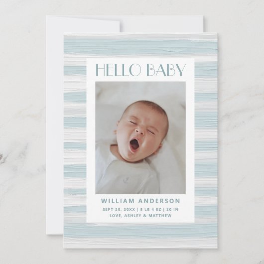 こんにちは男の赤ちゃん。青航海の色彩の鮮やかストライプ誕生 案内状 (正面)