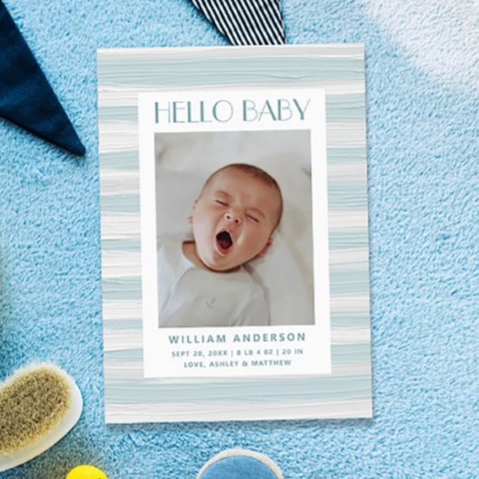 こんにちは男の赤ちゃん。青航海の色彩の鮮やかストライプ誕生 案内状