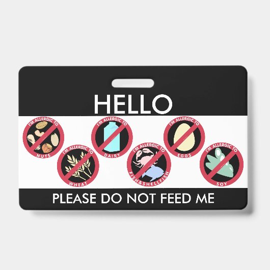 こんにちは私の名前はカスタムな上8のアレルゲンにアレルギーです バッジ (表面)