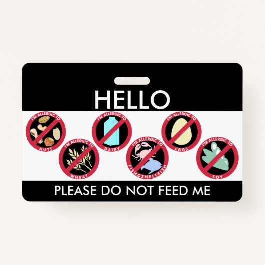 こんにちは私の名前はカスタムな上8のアレルゲンにアレルギーです バッジ (正面)