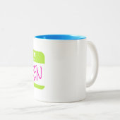 こんにちは私の名前はカレン緑の名札オフィスおもしろい ツートーンマグカップ (正面右)