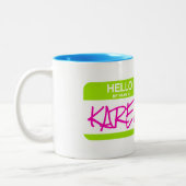 こんにちは私の名前はカレン緑の名札オフィスおもしろい ツートーンマグカップ (左)