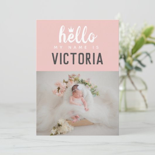 こんにちは私の名前はフォトコラージピンククラウン誕生 案内状 (スタンド正面)