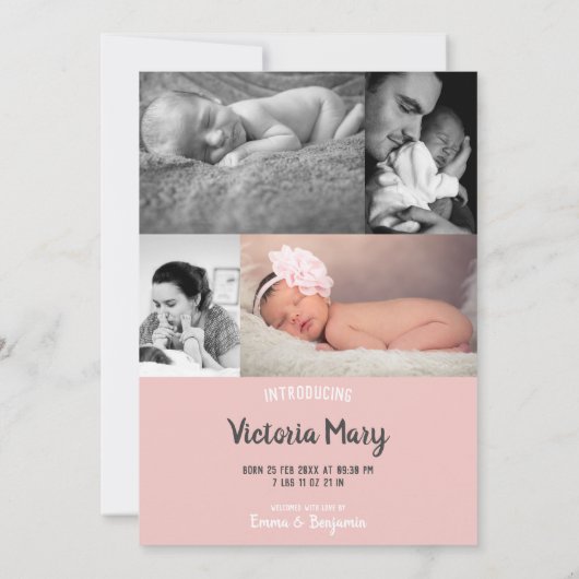 こんにちは私の名前はフォトコラージピンククラウン誕生 案内状 (裏面)