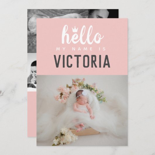 こんにちは私の名前はフォトコラージピンククラウン誕生 案内状 (正面/裏面)