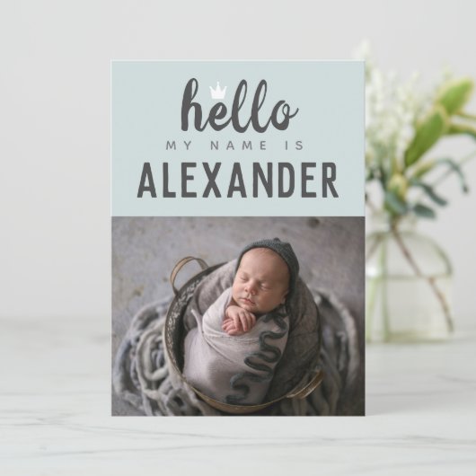 こんにちは私の名前はフォトコラージブルークラウン誕生 案内状 (スタンド正面)