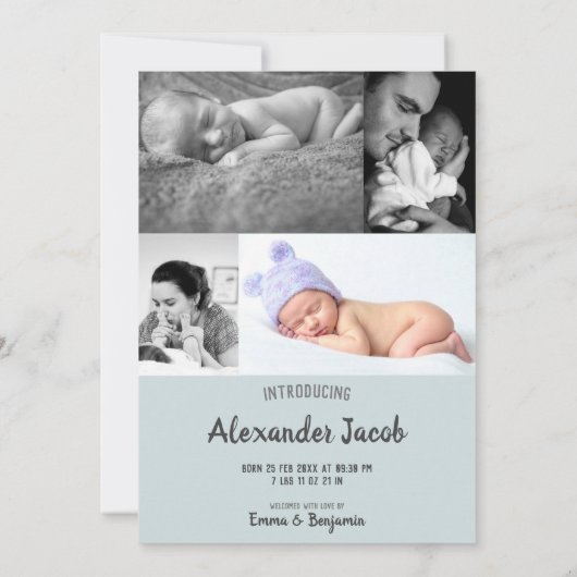 こんにちは私の名前はフォトコラージブルークラウン誕生 案内状 (裏面)