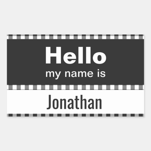 こんにちは私の名前は – gingham黒と白 長方形シール (正面)