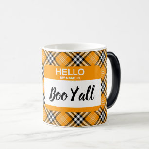 こんにちは私の名前はBoo Y'all Nametagオレンジプレイド モーフィングマグカップ