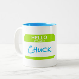 こんにちは私の名前はCHUCK Nametagグリーンブルーオフィス ツートーンマグカップ