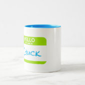 こんにちは私の名前はCHUCK Nametagグリーンブルーオフィス ツートーンマグカップ (中央)