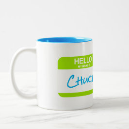 こんにちは私の名前はCHUCK Nametagグリーンブルーオフィス ツートーンマグカップ