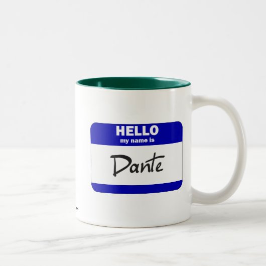 こんにちは私の名前はDanteはです(青い) ツートーンマグカップ (右)